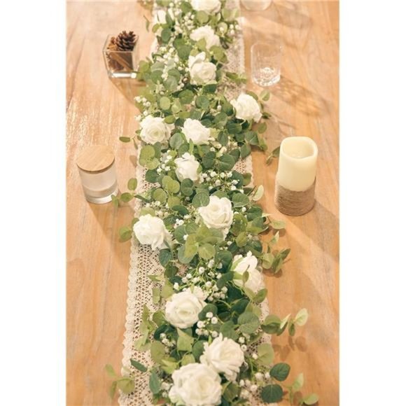 5.91FT Artificial Eucalyptus Garland with Flowers, Fake Rose Gypsophila Garland - Picture 1 of 7